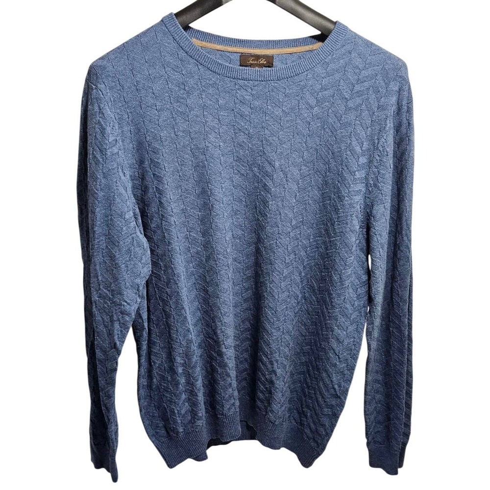 Tasso Elba Mens XL Blue Cotton Chevron Cable Knit Sweater Elbow Patches 63W05